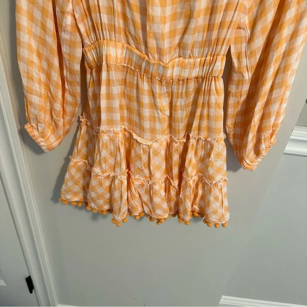 NWT Tuckernuck Playa Lucila Orange Plaid Mini Pom Pom Dress Small
